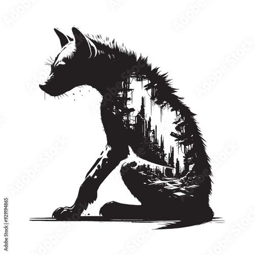 silhouette of hyena, filled with destroyed futuristic dystopia environment in rough drawing,