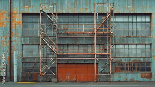 Scaffolding in front of a large industrial building