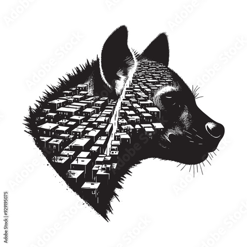 silhouette of hyena, filled with ghetto street in rough drawing,