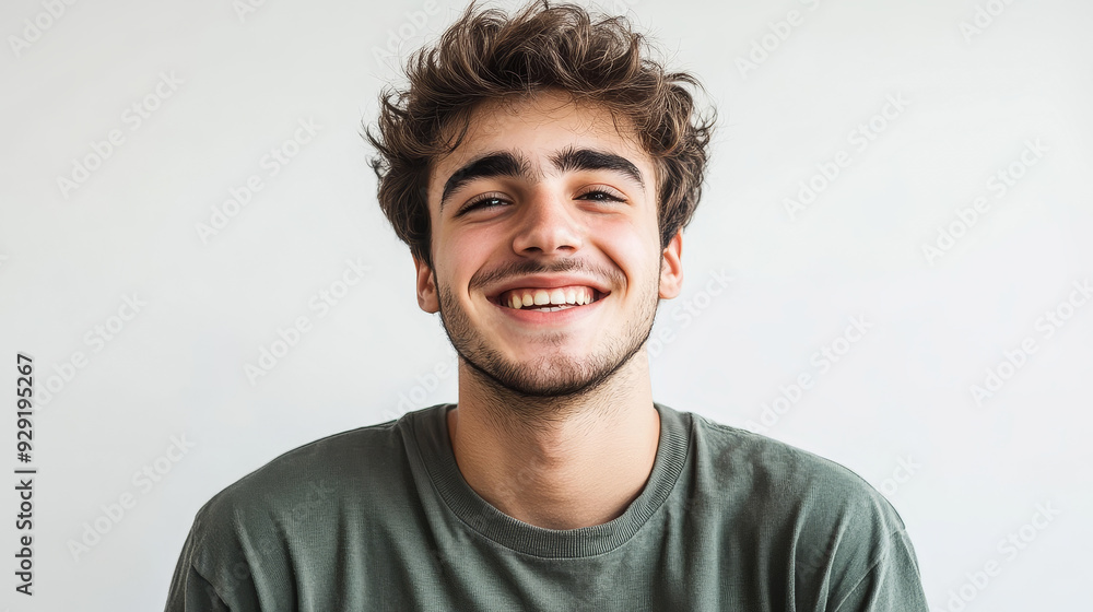 Obraz premium A young man with a friendly and approachable smile, representing positivity, youth, confidence, and happiness. He is wearing a casual green t-shirt, suggesting a relaxed and approachable demeano