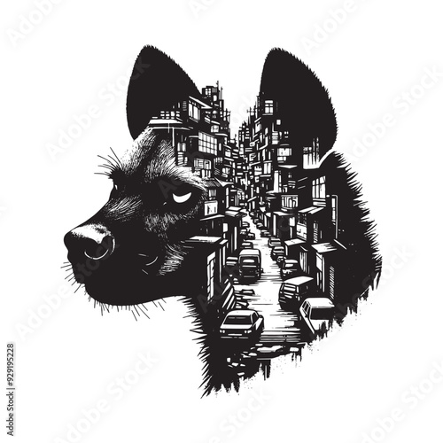 silhouette of hyena, filled with ghetto street in rough drawing,
