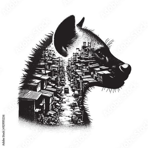 silhouette of hyena, filled with ghetto street in rough drawing,