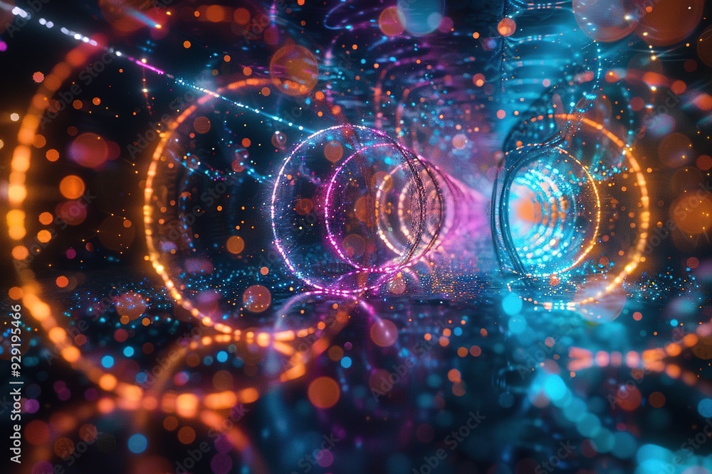 Obraz premium A kaleidoscope of neon circles connected by luminous threads of light, forming an otherworldly and abstract visual experience