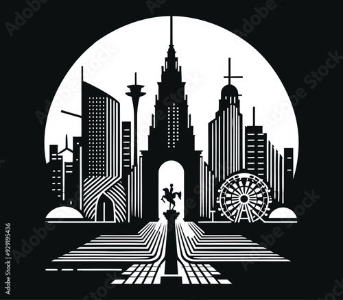 City skyline with buildings silhouette vector icon illustration on transparent background.