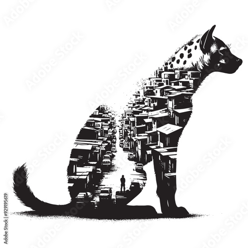 silhouette of hyena, filled with ghetto street in rough drawing,