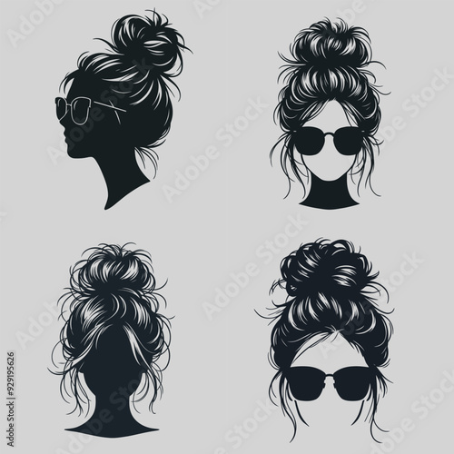 Messy bun set designs. Mom life collection. Vector female faces.
Hand-drawn girl with messy hairstyle - hair bun. Mom lifestyle clip art for prints