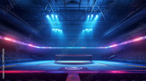 An empty octagon cage stands in a dark stadium with blue and pink lights, symbolic of competition, anticipation, and the thrill of fighting.