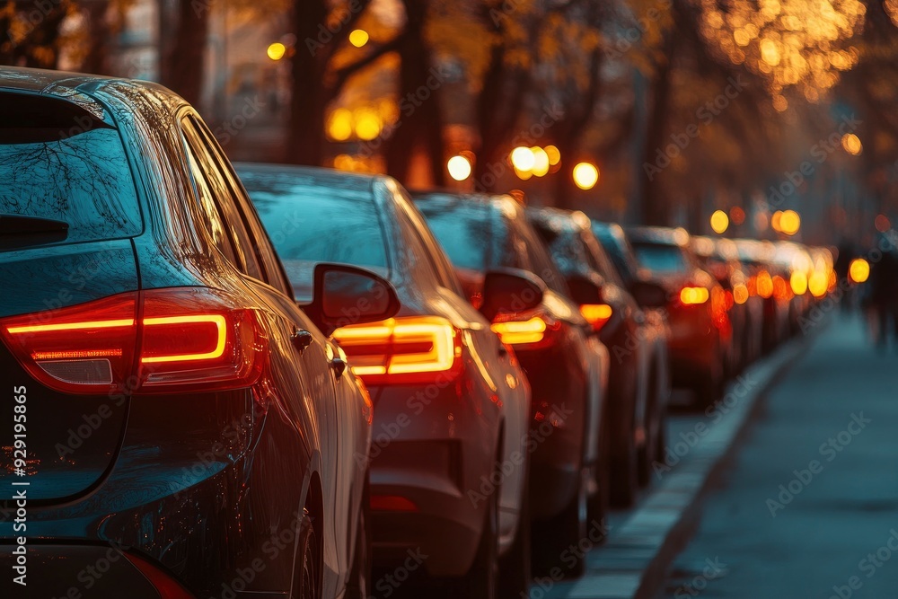 Cars parked on the road in the evening. Rows of cars parked on the roadside in residential district with generative ai Cars parked on the road in the evening. Rows of cars parked on the roadside in residential district with generative ai