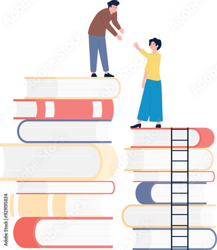 Man help woman to climb on book stack. Education progress
