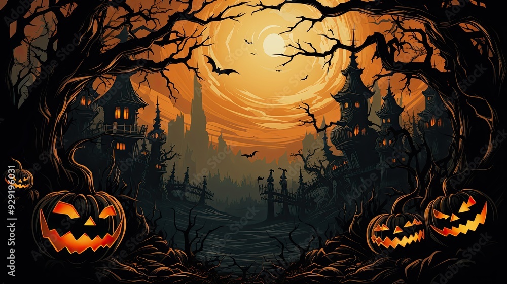 Spooky Halloween Scene with Haunted House, Glowing Jack-o'-Lanterns, and Dark Forest Under a Full Moon - Eerie Nighttime Atmosphere Spooky Halloween Scene with Haunted House, Glowing Jack-o'-Lanterns, and Dark Forest Under a Full Moon - Eerie Nighttime Atmosphere