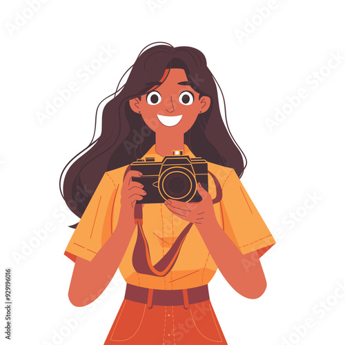 Flat vector illustration of a woman holding a camera and smiling.
