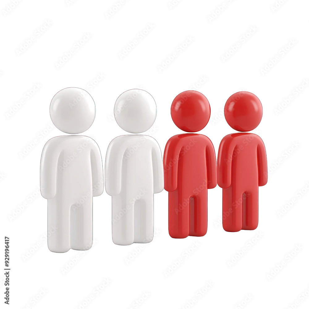 Three white figures and two red figures symbolize diversity and inclusion in teamwork and collaboration. transparent background
