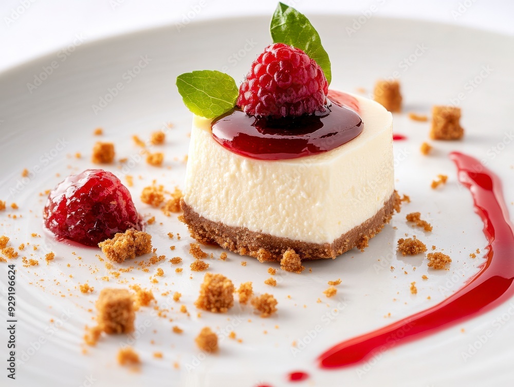 A delicious cheesecake topped with raspberry and sauce, elegantly presented on a plate.