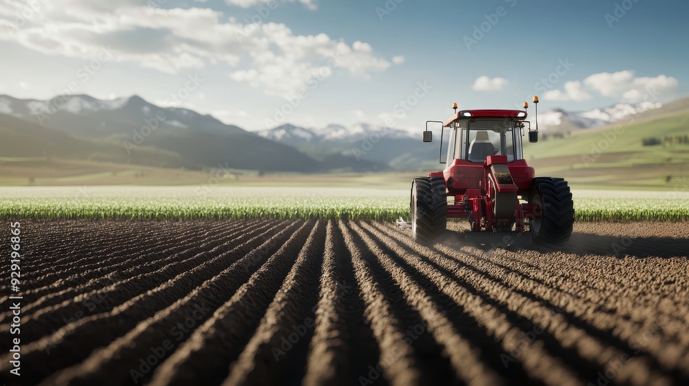 Fototapeta premium A red tractor operates autonomously, planting seeds across a large, well-tilled field surrounded by mountains