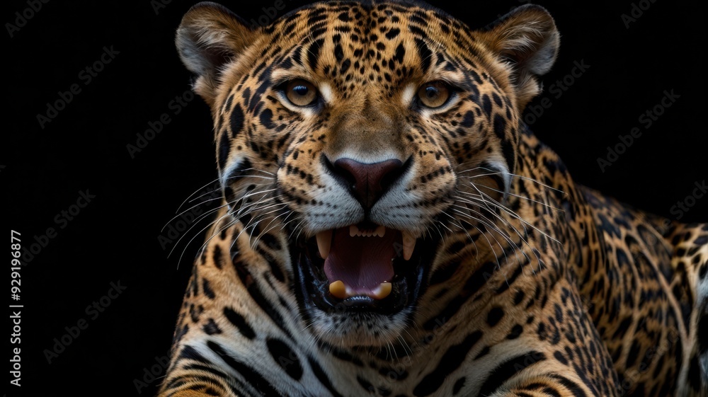 Obraz premium Close up portrait of a beautiful Jaguar with a black background.