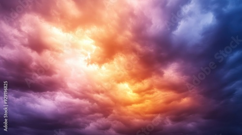 A dramatic sky filled with vibrant, swirling clouds in shades of orange, purple, and blue.