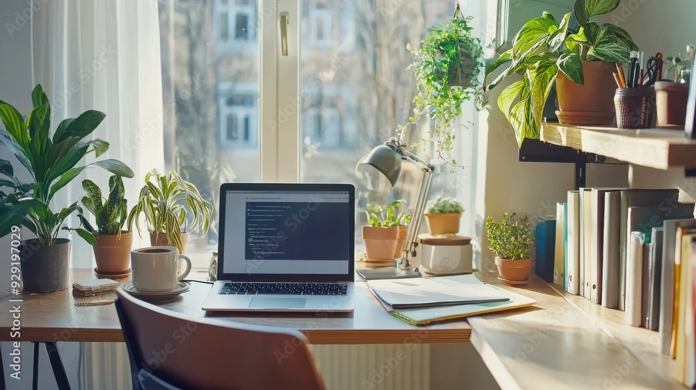 Modern home office setup with a stylish desk, laptop, and a person working comfortably. The organized workspace includes plants, a coffee cup Modern home office setup with a stylish desk, laptop, and a person working comfortably. The organized workspace includes plants, a coffee cup
