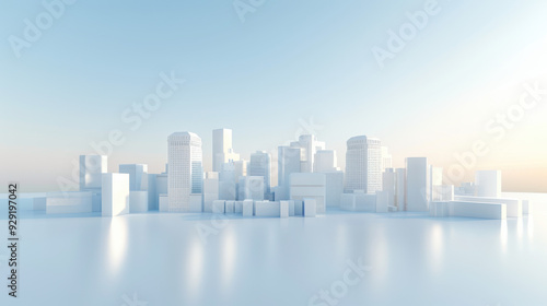 A city skyline is shown in white, with the buildings reflecting on the water