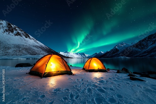 Two tents illuminated by warm light stand on snowy ground under the vibrant green glow of the aurora borealis.