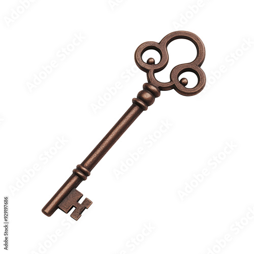 Vintage bronze key isolated on a white background, perfect for symbolizing unlocking secrets or old-fashioned charm. transparent background