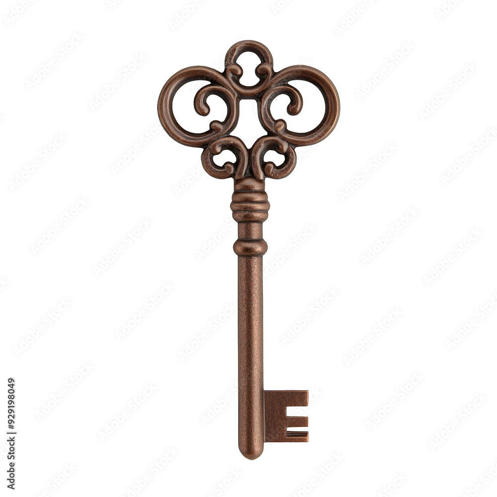 Obraz premium Vintage ornamental key with intricate designs and a beautiful patina, symbolizing mystery and access to hidden places. transparent background