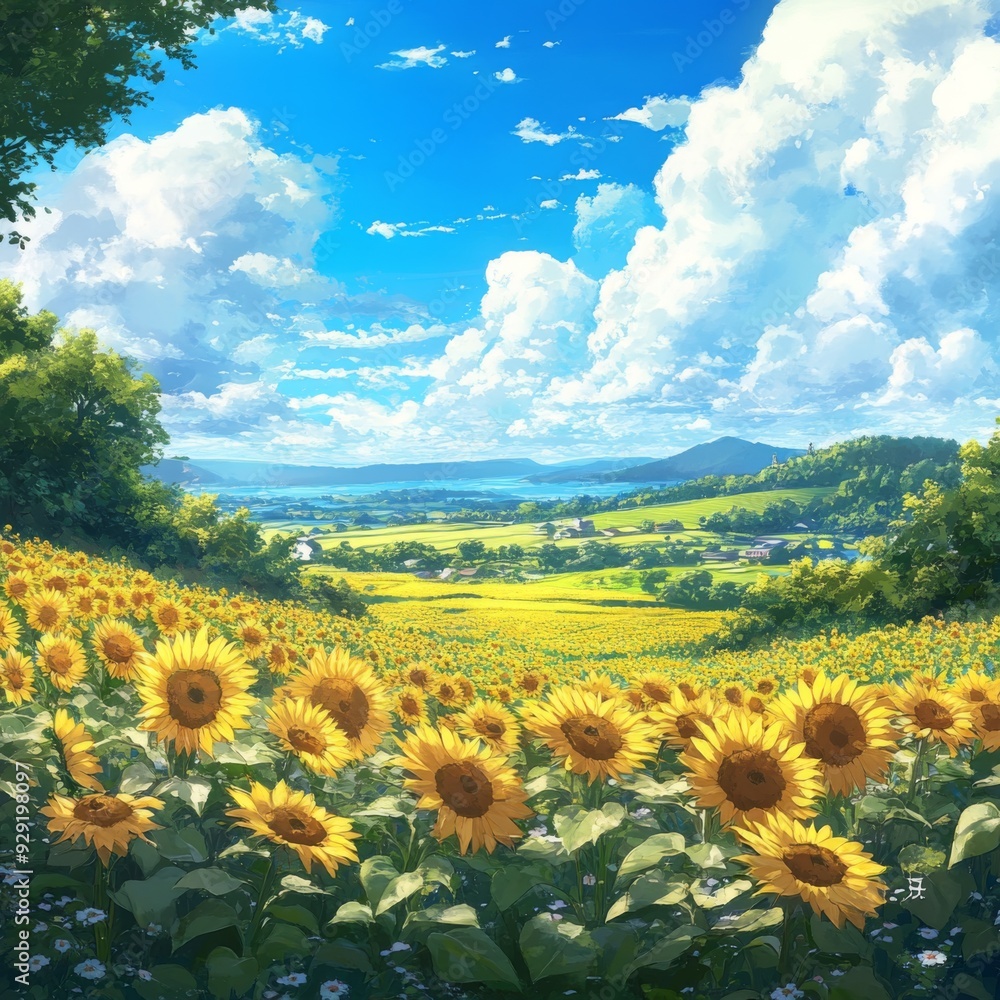 Obraz premium Enchanted anime-style Sunflower Paradise: A Vivid Spring Landscape with Azure Skies and Golden Blooms, Embracing the Season's Vitality,Anime-Style,illustration,Picture BooksFor Poster,Novel,UI,WEB,Gam