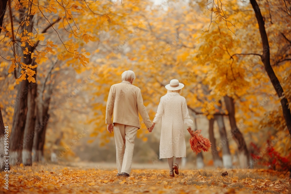 Fototapeta premium A senior couple enjoys a romantic autumn walk in the park, embracing love and nature together.