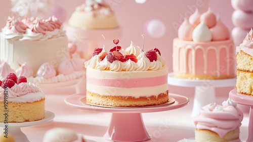 Wallpaper Mural A delightful display of pink-themed cakes and pastries on elegant stands. Torontodigital.ca