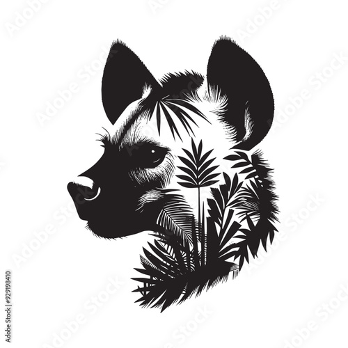 silhouette of hyena, filled with tropical plant in the jungle in rough drawing,