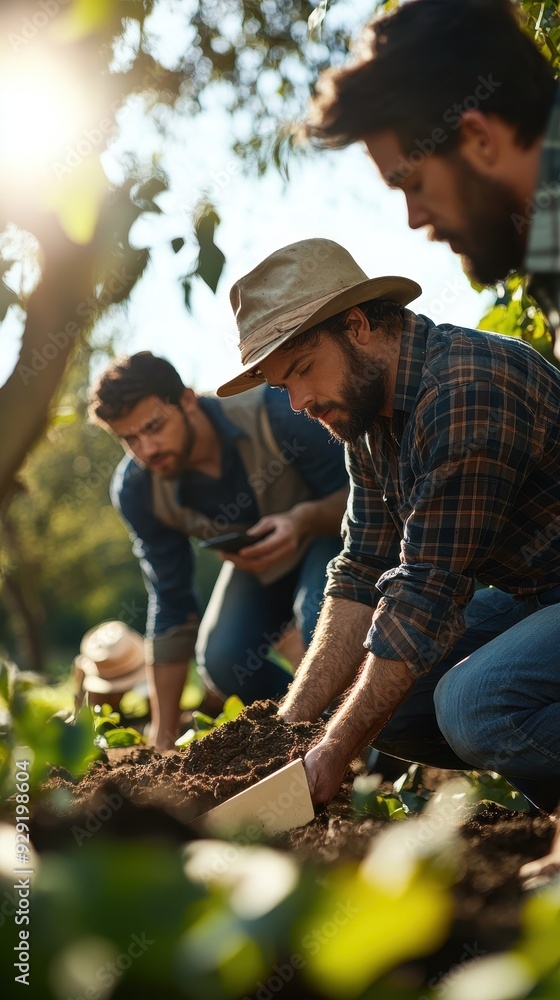 Group discusses farming techniques while working in a vibrant green field under the sun Group discusses farming techniques while working in a vibrant green field under the sun