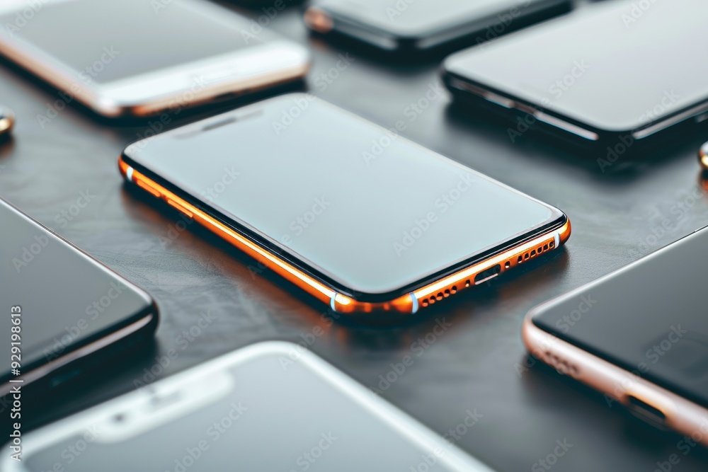 Close Up, Top VIew On Orange Smartphone Surrounding Grey Smartphones On Dark Grey Stone Background. Close Up, Top VIew On Orange Smartphone Surrounding Grey Smartphones On Dark Grey Stone Background.