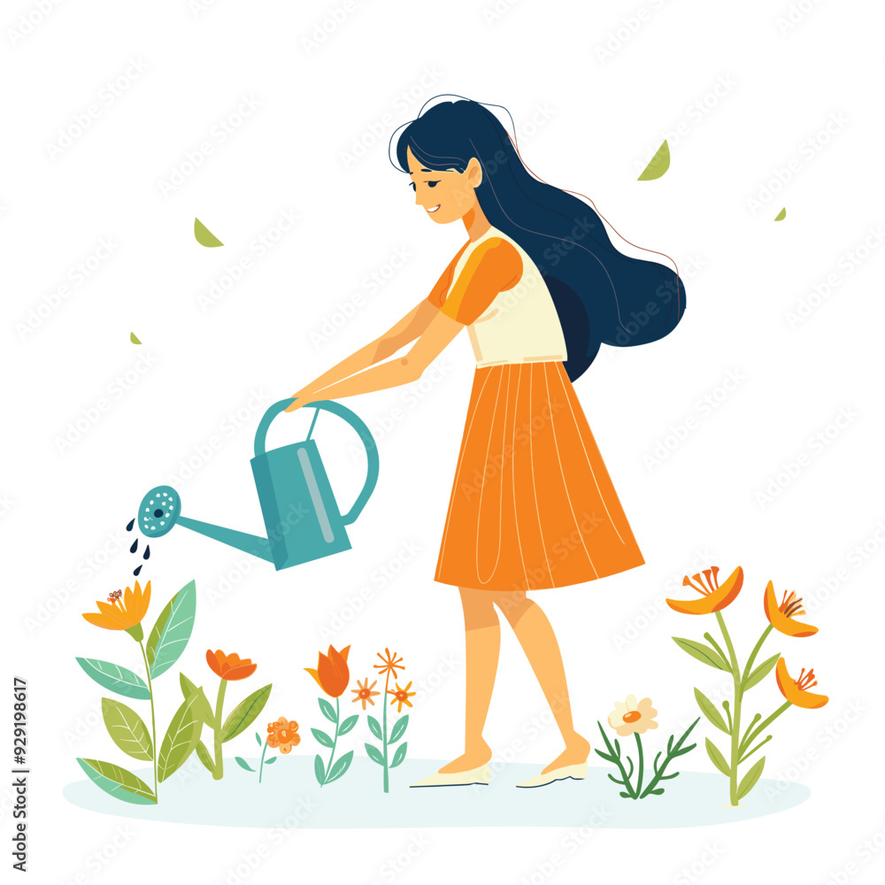 Cartoon image of a woman watering flowers.
Cartoon image of a woman watering flowers.