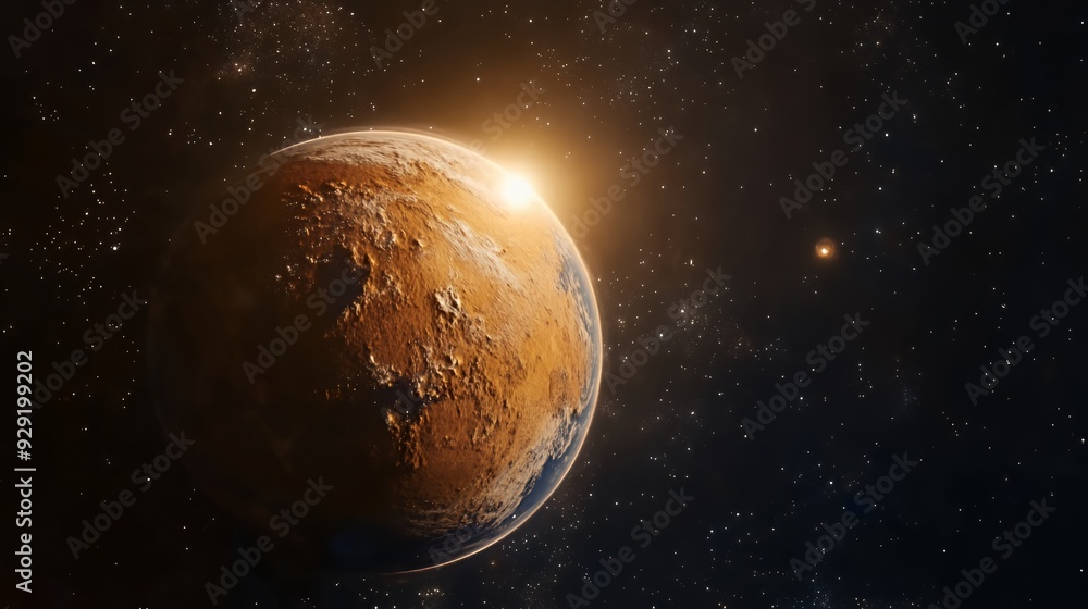 A depiction of Mars illuminated by sunlight in a starry space background. A depiction of Mars illuminated by sunlight in a starry space background.