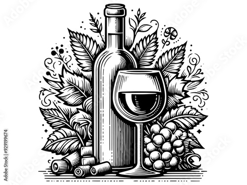 Pattern of wine drinking. Bottle, berrie of grapes, glass with red wine. Vector, generative ai.