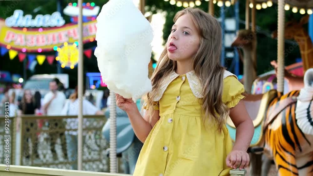 a child in an amusement park and amusement rides, a happy girl eating ice cream and enjoying the holidays and summer, a child came to the carousel a child in an amusement park and amusement rides, a happy girl eating ice cream and enjoying the holidays and summer, a child came to the carousel