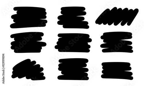 Set of horizontal abstract black spots with uneven rounded edges. Vector illustration of textured backgrounds for text, layout, template on white isolated background in flat style.