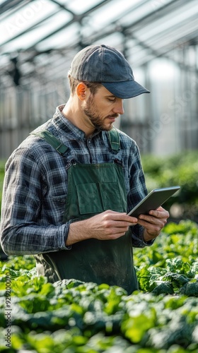 A farmer utilizes a tablet to monitor and control irrigation systems in a lush greenhouse