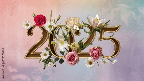 Golden number 2025 with flowers around it. Year 2025 concept.