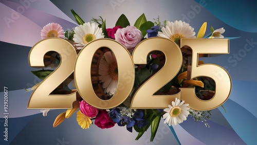 Golden number 2025 with flowers around it. Year 2025 concept.