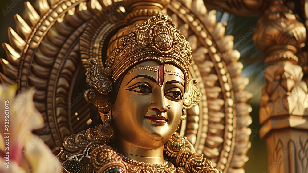 Obraz premium A detailed golden statue of a deity, showcasing intricate craftsmanship and spiritual significance.
