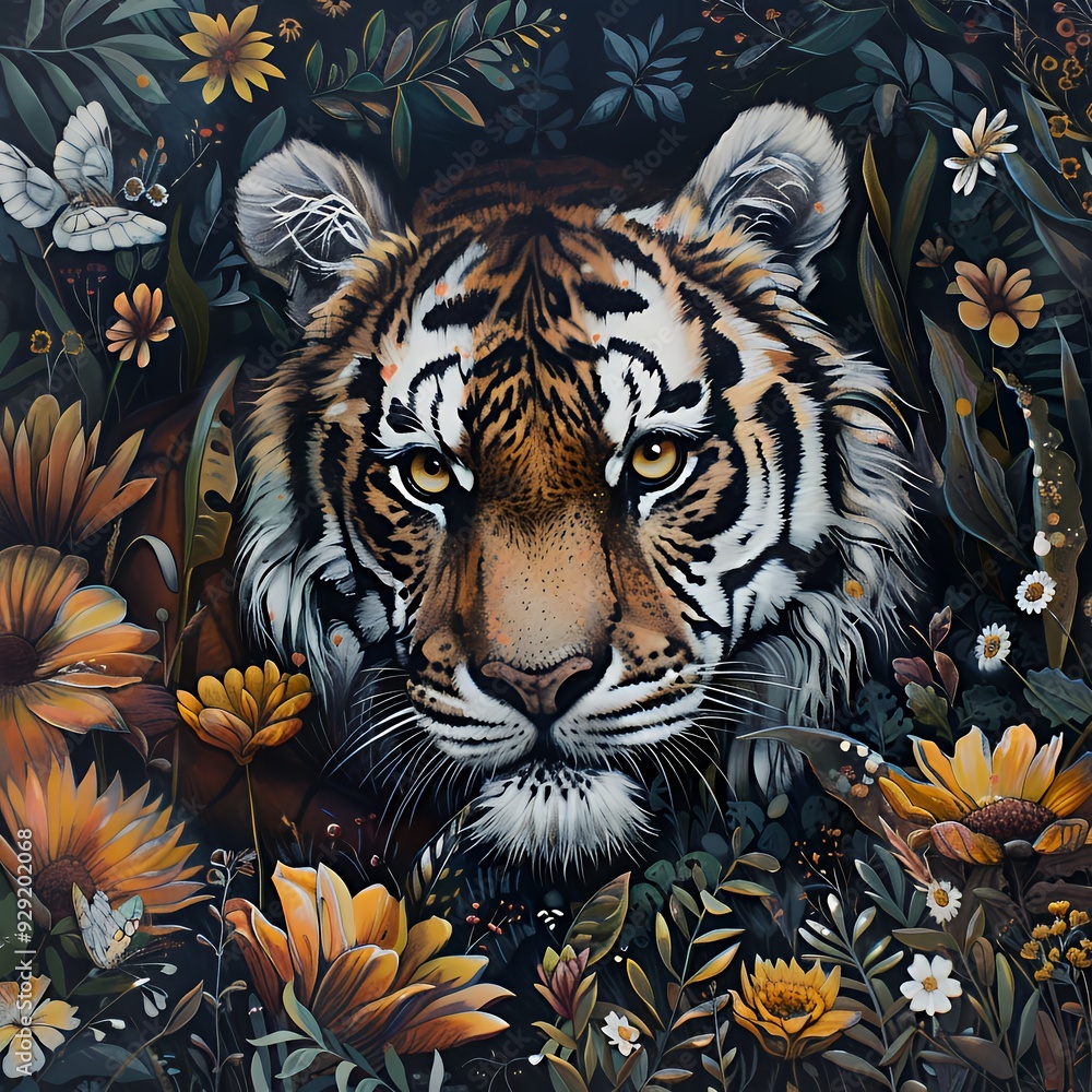 A detailed illustration of a tiger surrounded by vibrant flowers and butterflies. A detailed illustration of a tiger surrounded by vibrant flowers and butterflies.