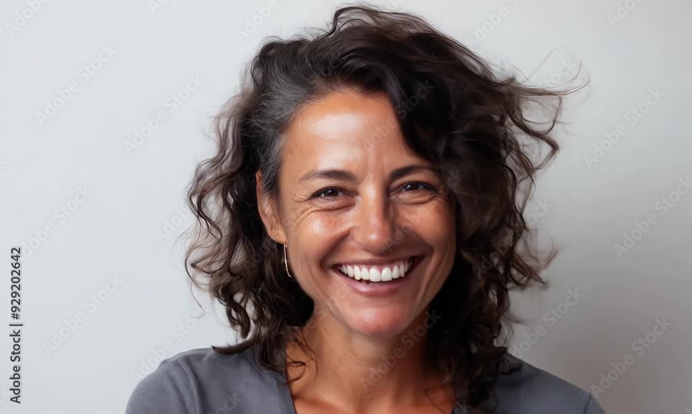Portrait of a smiling middle aged woman with curly hair against white background Portrait of a smiling middle aged woman with curly hair against white background