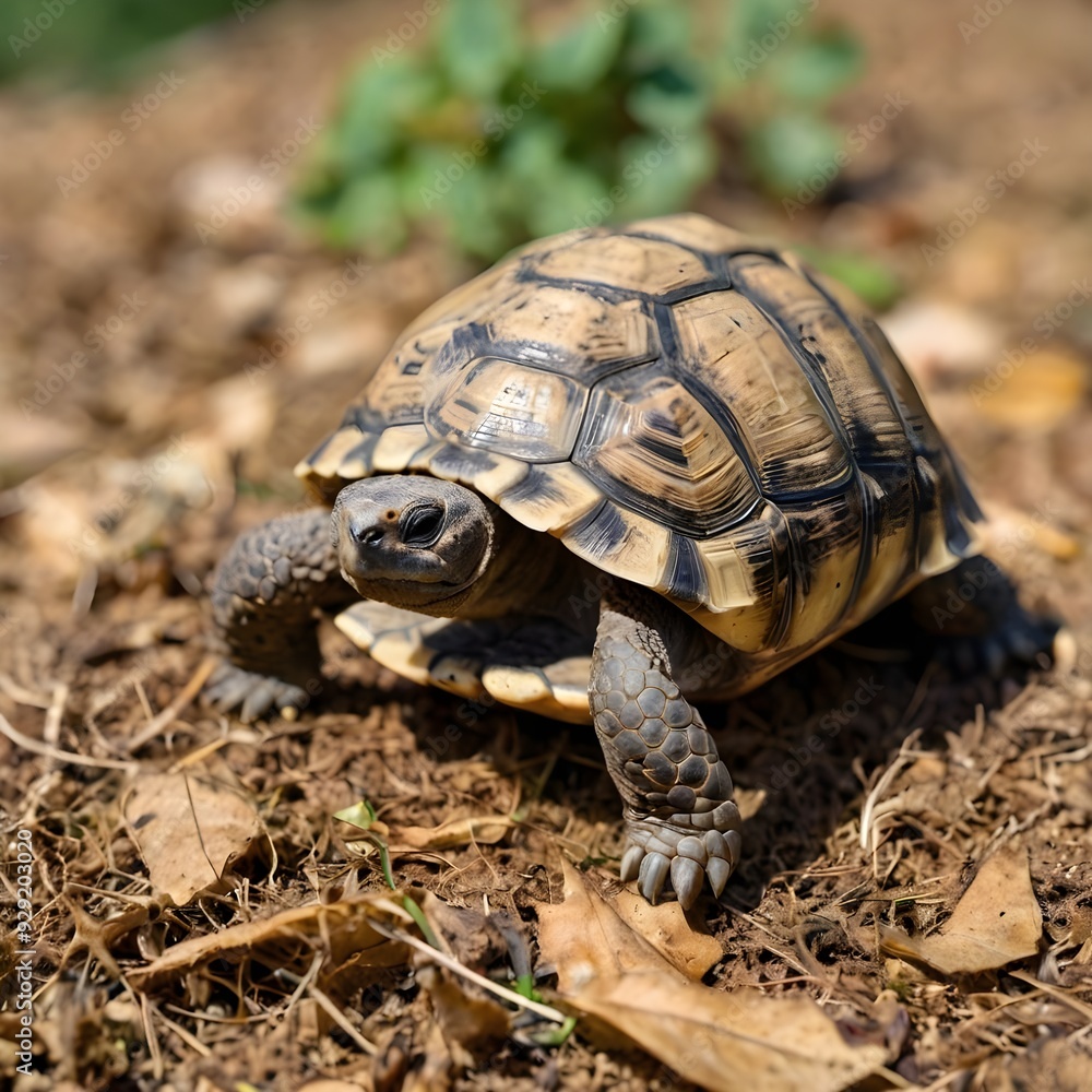 Obraz premium Closeup of a Small Tortoise crawling on Dry Leaves
