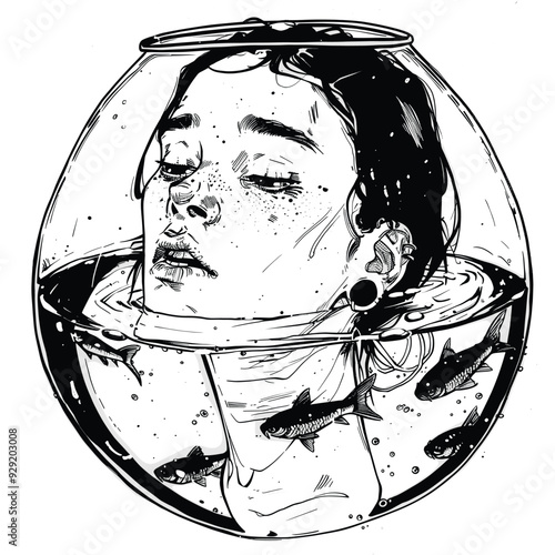 Surreal illustration of a woman's face in a fishbowl, minimalistic style.

