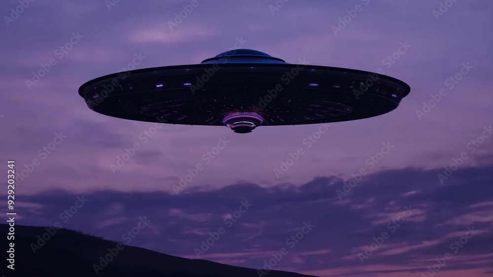 Mysterious ufo hovering over twilight hillside Mysterious ufo hovering over twilight hillside
