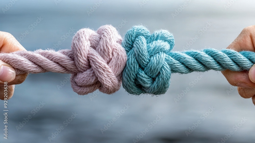 Close-up of hands holding two colorful knots of rope against a blurred water background, symbolizing connection and unity. Close-up of hands holding two colorful knots of rope against a blurred water background, symbolizing connection and unity.