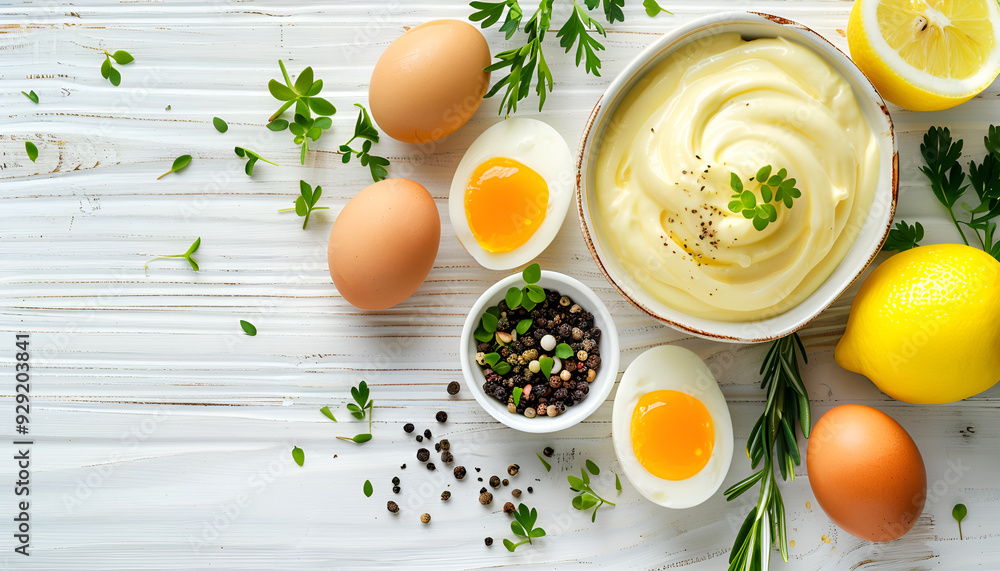 Mayonnaise sauce with lemon, egg, oil and herbs on white wooden background Mayonnaise sauce with lemon, egg, oil and herbs on white wooden background