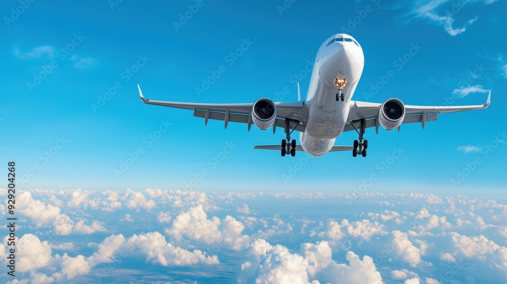 Obraz premium A commercial airplane flying high above the clouds with a clear blue sky, illustrating travel and aviation freedom.
