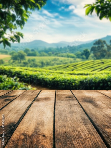 Circle wooden table top with blurred tea plantation landscape against blue sky and blurred green leaf frame Product display concept natural backgroud with generative ai