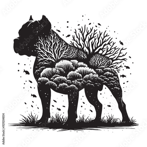 silhouette of pitbull, filled with underwater view with coral in rough drawing,